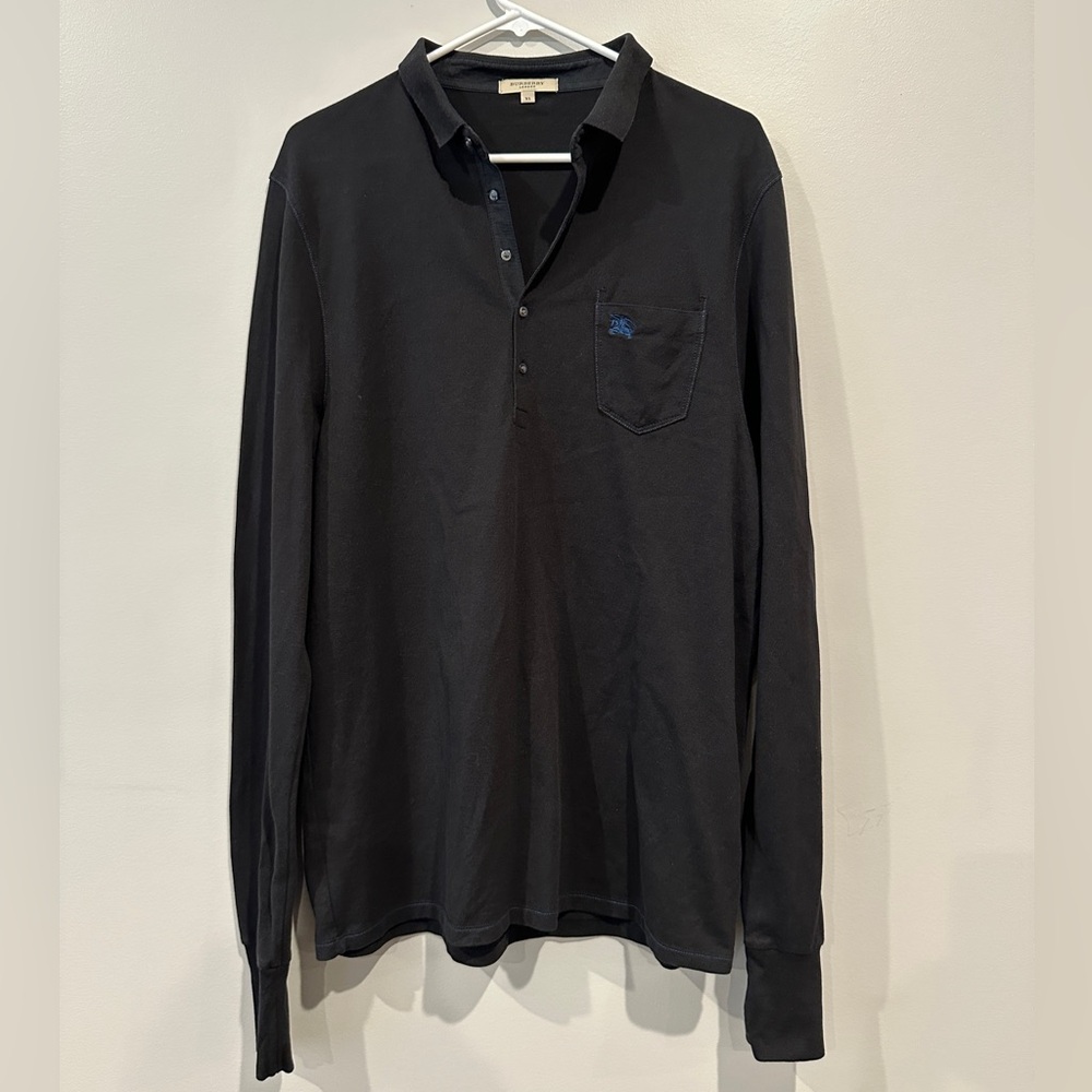 Burberry Men's Black Long Sleeve Cotton & Silk Blend Polo Shirt